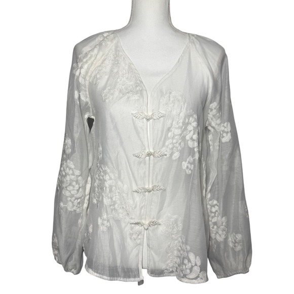 SHEIN Tops - SHEIN Frog Button Floral Embroidered Blouse Size 6 White Excellent Sheer Top